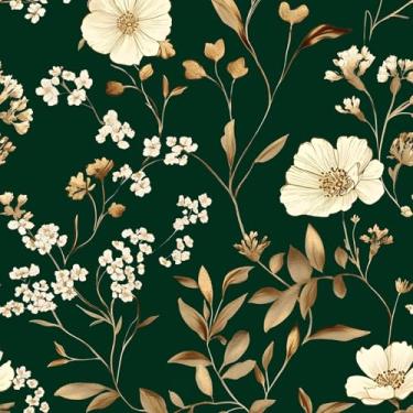 Imagem de Fvlow Papel de parede vintage folha de papel de parede floral verde escuro 44,5 cm x 299,7 cm papel de contato folha dourada vinil impermeável autoadesivo boho papel de parede botânico para decoração