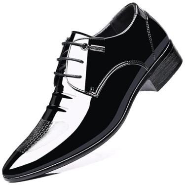 Imagem de Sapato social masculino de couro sintético envernizado com glitter para smoking Derby moderno com cadarço formal Oxford, Preto, 44