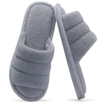 Imagem de shevalues Pantufas femininas de tecido felpudo com bico aberto, espuma viscoelástica, Cinza, 7.5-8.5 Women/6-7 Men