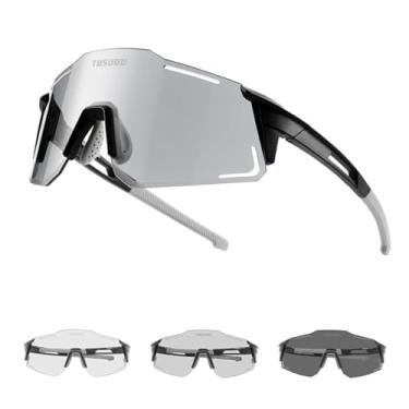 Imagem de TOSUOD Óculos de sol para ciclismo e corrida, 100% de proteção UV, fotocromático, sem moldura, à prova de estilhaçamento, lentes maciças, braços e nariz ajustáveis, Preto, One Size