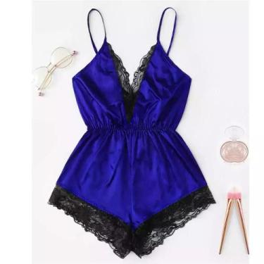 Imagem de Body Lingerie de Renda com decote em v para Body ElaShopp, Azul, P