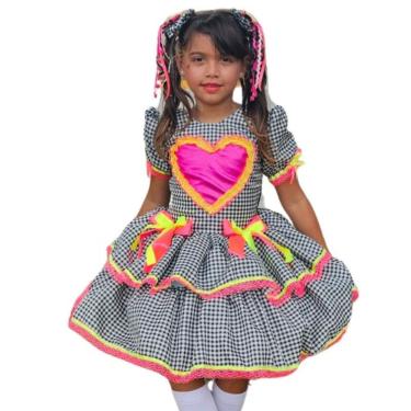 Imagem de Vestido Junino Infantil Caipira Xadrez Preto Neon c/ Coração
