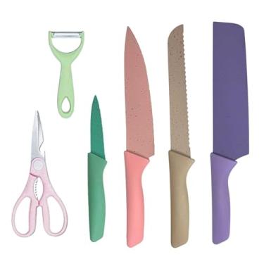 Imagem de Kit Conjunto de Facas de Cozinha Coloridas Aço Inox com 6 Peças Cutelo Faca de Serra e Legumes Descascador Tesoura Faqueiro Churrasco Multifunção (1)