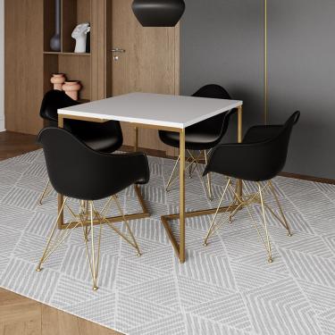 Imagem de Mesa Jantar Industrial Quadrada 90Cm Branca Base V Com 4 Poltronas Daw Pretas Base Dour Cor: Branco