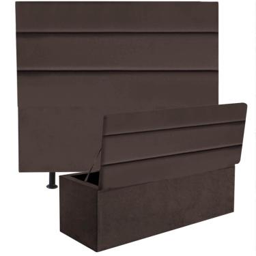 Imagem de Kit Cabeceira Estofada E Calçadeira Baú Recamier Argent 195Cm King Size Corino Marrom