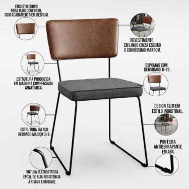 Imagem de Kit 06 Cadeiras L02 Couríssimo Marrom Linho Cinza Escuro