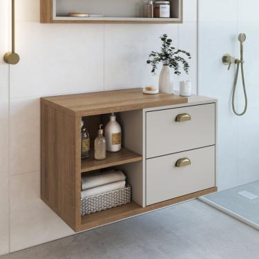 Imagem de Gabinete De Banheiro Suspenso 80cm Helena Com 2 Gavetas Sem Cuba Mel/arenas