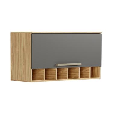 Imagem de Armário Aéreo De Cozinha 80cm Com 1 Porta Basculante E Mini Adega 100% Mdf Itália Amêndoa-chumbo