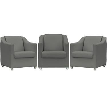Imagem de Kit 3 Poltronas Mila Corino Cores Pé De Plástico Cromado - Cinza Corino