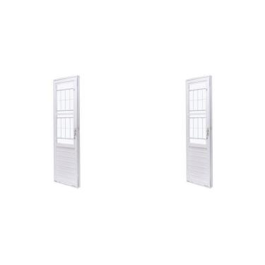Imagem de Kit Com 2 Portas De Aço Com Postigo 215x83cm Com Grade Quadriculada E Vidro Liso Unicsol Ramassol Branco