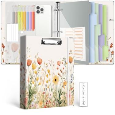 Imagem de Organizador de fichário de 3 anéis, 2,5 cm, fichários BVSSX com três anéis com prancheta, divisórias de bolsos de 5 abas, pasta de plástico, 18 ponteiras divisórias, laço para caneta (ervas daninhas