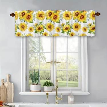 Imagem de Cortinas curtas de girassol floral amarelo e verde, tratamento de janela para sala de estar, quarto, banheiro, varão, bolso, cortinas, poliéster, 137 x 45 cm