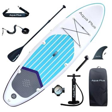 Imagem de Aqua Plus Prancha De Stand Up Paddle Inflável 6 Polegadas Espessura Para Todos Os Níveis Habilidade, Remo, Bomba, Mochila Viagem Isup, Guia, Alça Ombro, Jovens E Adultos