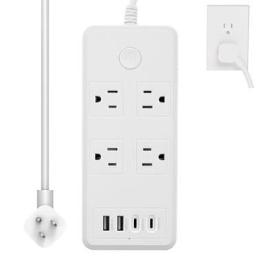 Imagem de ATUECHUE Cabo De Extensão Tomada 5 Pés Com Plana E Usb, 4 Tomadas Usb (2 Portas C), Extensor Proteção Contra Surtos Para Itens Essenciais Dormitório Universitário Escritório Em Casa