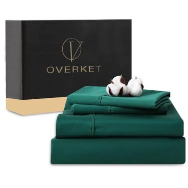 Imagem de Overket Lençóis de algodão egípcio tamanho casal 4 peças 1000 fios trama cetim macio respirável bolso profundo 40,6 cm (completo, verde escuro)
