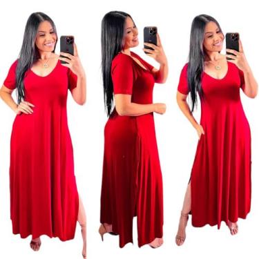 Imagem de Vestido longo gola v com fenda lateral - Neide modas, Vermelho, G