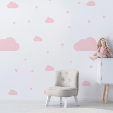 Imagem de Adesivo de Parede Nuvens Rosa 64un e 70 estrelas para Quarto Infantil 
