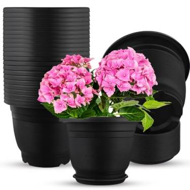 Imagem de Sunnychicc Pacote com 12 vasos de plástico para plantas, vasos redondos com bandeja de pires, furo de sementes, resina, vaso de plantas, recipiente de flores para berçário com palete para jardim ao ar