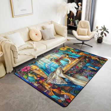 Imagem de Tapete de área para máquina de costura 1,5 x 1,80 m, flores rústicas, retrô, groovy, boêmio, mexicano, para crianças, adultos, tema de costura ocidental, vitrais, patchwork, sala de jogos, quarto