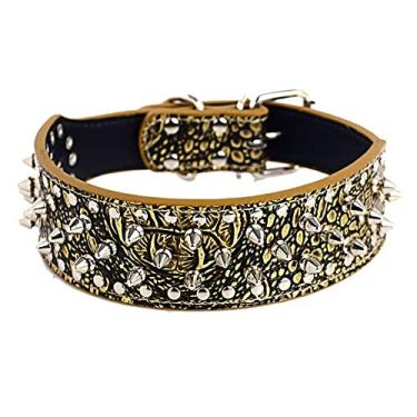Imagem de Pimaodog Coleira para cachorro cravejada, 5 cm de couro cravado coleira para cães médios grandes pit Bull mastiff boxeador (P: 38-45 cm, marrom dourado)