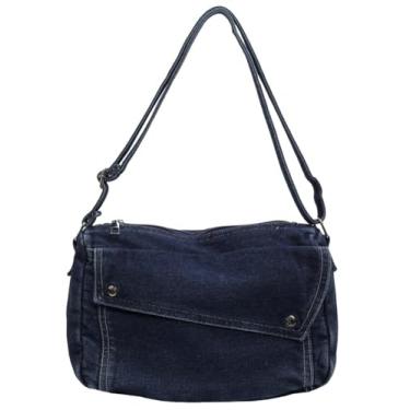 Imagem de 2025 Bolsa de ombro jeans moderna bolsa mensageiro de lona para mulheres, bolsa tiracolo retrô, Azul marinho