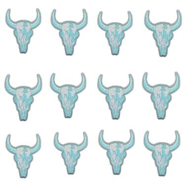 Imagem de Emblema de caveira de touro bordado caubói ocidental aplique bordado cabeça de boi remendo bordado para roupas mochila bolsa camiseta chapéu coletes jaquetas pacote com 12 (azul)