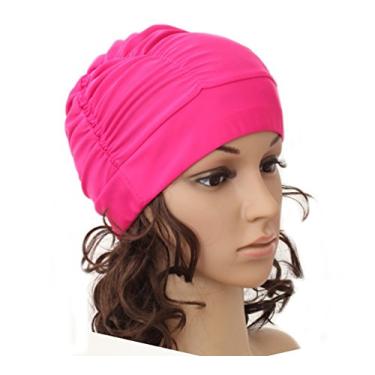 Imagem de Ewanda store Touca de natação colorida plissada de tecido de nylon grande touca de banho de primavera quente para adultos homens mulheres cabelo longo (rosa choque)