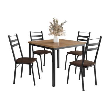 Imagem de Conjunto de Mesa Quadrada com Tampo de MDP Amadeirado e 4 Cadeiras Adriana Revestimento Sintético Imbuia e Preto