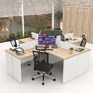 Imagem de Estação De Trabalho Mesas Em L 4 Lugares 120x60 Carvalho / Branco