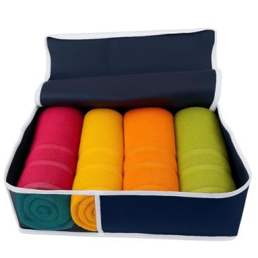 Imagem de KIt 4 Organizador de Toalhas Para Guarda Roupas e Closet, 37x47x18 cm, Azul Marinho, Multiuso, Reforçado, com Visor Transparente, Zíper Duplo, Nylon e PVC