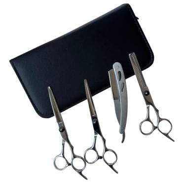 Imagem de Kit Barbeiro Profissional com Tesoura Fio Laser Navalha Tesoura Desfiadeira Navalhete Estojo Cabeleireiro Corte Masculino Aço Inox Corte Preciso Tesouras para Cabelo e Barba