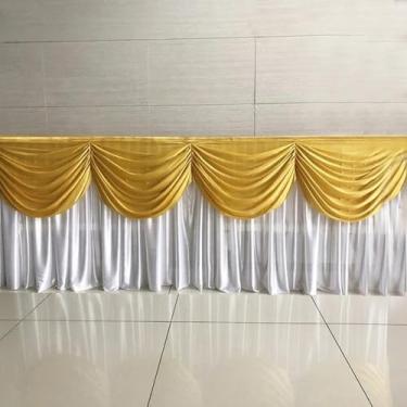 Imagem de Saia de toalha de mesa longa de 10 pés com drapeado colorido, tecido de seda transparente, decoração para festa de casamento, amarelo dourado e branco, A75 x L300 cm (10 pés)