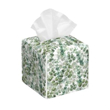 Imagem de Suporte de caixa de lenços de folhas de eucalipto em aquarela, capa quadrada de couro com cinto inferior, organizador de guardanapo moderno à prova d'água para carro, banheiro, mesa de cabeceira