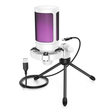 Imagem de Microfone Fiffine A2 RGB Condensador USB com Tripé, Cardioide, Iluminação RGB 7 Cores, Branco