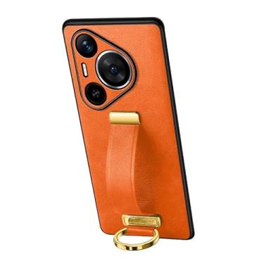 Imagem de HAOMRIYL Capa de couro para Huawei Pura 80 Ultra/80 Pro+/80 pro/80, capa de negócios retrô com alça de pulso, capa ultrafina anti-impressão digital, laranja, 80 Pro+