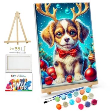 Imagem de JOOZ Kit de pintura de Natal por números para adultos, pintura de cachorro emoldurada por número com cavalete bola de Natal kits de pintura para adultos por números em tela emoldurada kits de pintura