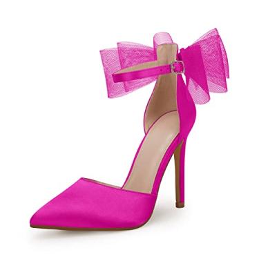 Imagem de Coutgo Sapatos Femininos Fechados Bico Fino Salto Alto Com Laço Nó Tira No Tornozelo Cetim Stiletto Scarpin Rosa Vermelho