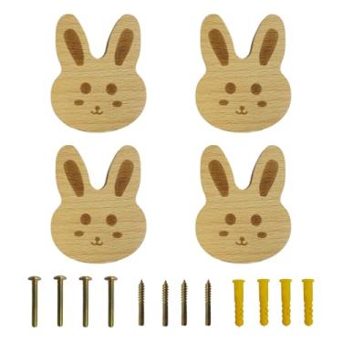 Imagem de Tyqzor 4 peças puxadores de armário em forma de coelho de madeira, puxadores de armário, alças de madeira de faia de furo único, ganchos de madeira com conjunto completo de acessórios de parafuso