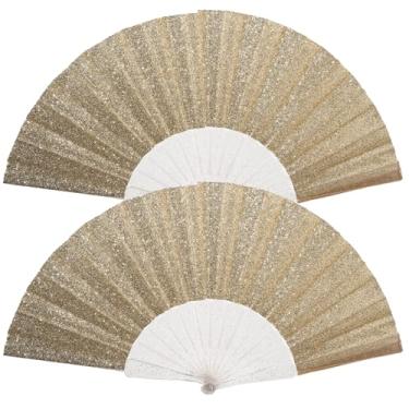 Imagem de Pacote com 2 leques de mão femininos com glitter e nervuras transparentes brilhantes – Ideal para casamento, igreja, festival, dança, festa de formatura, clube e acessórios EDM, ouro claro