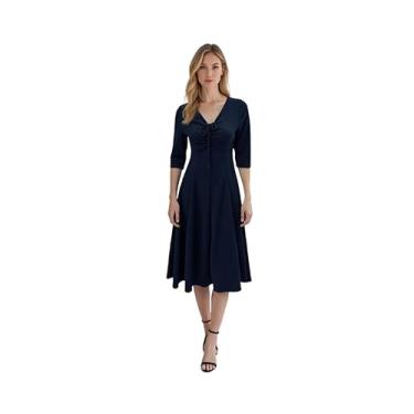 Imagem de Star Vixen Vestido feminino longo com decote em V de 114,3 cm, corpete franzido na frente com laço de espaguete, Azul marino, PP