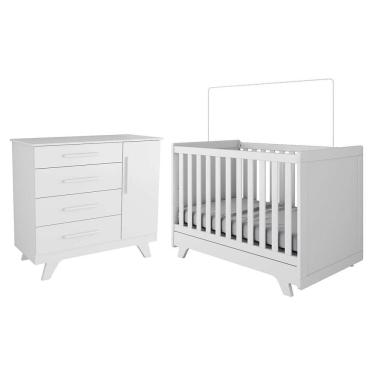 Imagem de Jogo de Quarto Infantil Retrô com Cômoda e Berço Americano em MDF Branco Brilho para Bebê