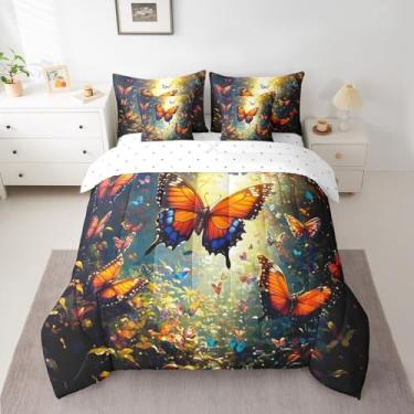 Imagem de Manfei Jogo de cama solteiro de 7 peças, borboleta, vida selvagem da floresta, azul e laranja em uma bolsa com edredom, lençol de cima e fronhas, decoração de quarto de crianças
