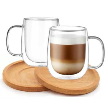 Imagem de Xicaras Vidro Duplo Com Pires Caneca Parede Dupla 2un 150ml - Majestic
