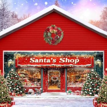Imagem de Decoração de porta de garagem de Natal, 2,7 x 40 m, fundo retrô para fotografia de loja de brinquedos do Papai Noel, árvore de Natal, presente de janela, janela, pano de fundo, decoração de parede de