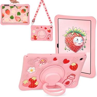 Imagem de GENZOXRUG Capa para tablet Samsung A9 Plus 28 cm para Galaxy Tab A9 Plus 2023 - com alça de ombro e suporte giratório de morango fofo desenho 3D Kawaii para meninas e adolescentes