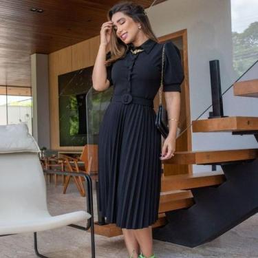 Imagem de Vestido mídi saia Plissada crepe de malha com elasticidade gola polo c
