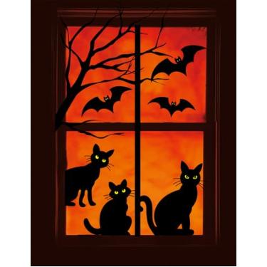 Imagem de Whaline 6 folhas de Halloween preto gato janela adesivos assustador gato morcego silhueta reutilizável decalques de janela para casa assombrada casa escritório escola decoração de vidro suprimentos de