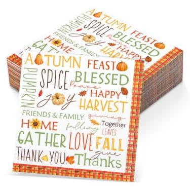 Imagem de Engrowtic Conjunto de guardanapos de coquetel com 50 peças de palavras de outono, guardanapos descartáveis para o dia de Ação de Graças, outono, abóbora, decoração de férias, 12,7 x 12,7 cm