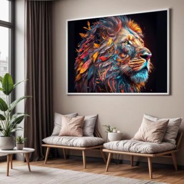 Imagem de Quadro com Moldura Sala Quarto Leão Luxo Lindo Arte Colorida Decorativo Horizontal Grande Hall