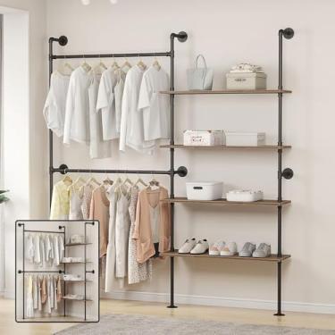 Imagem de Woskar Rack de roupas de cano industrial, varões de pendurar com prateleiras, suporte para guarda-roupa, sistema de armário de canto para armários (preto)